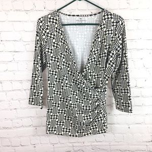 Talbots petites 3/4 sleeve hound tooth wrap top blouse shirt mp